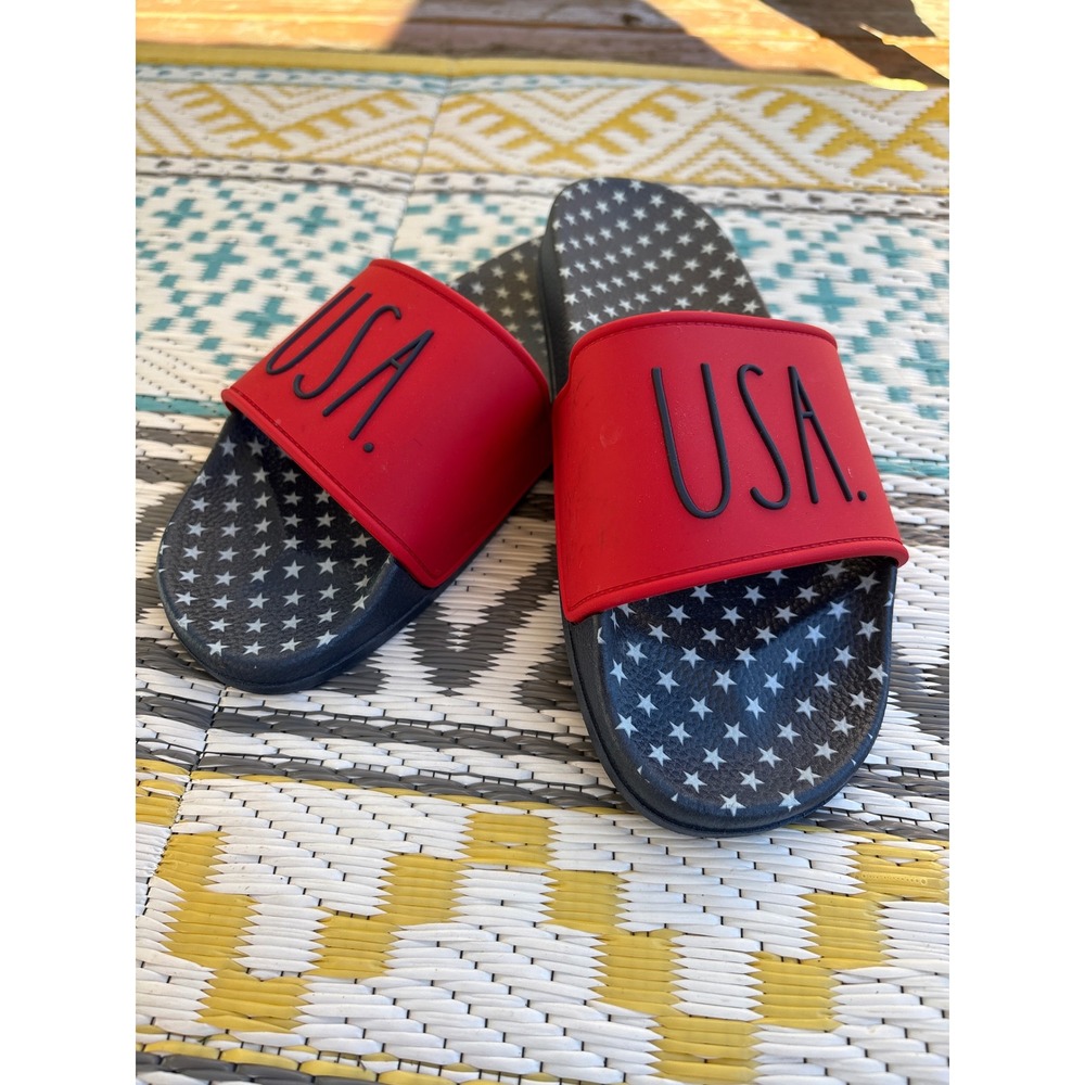 Rae Dunn USA Slides Red White Blue Stars Patriotic Sandals Women Size 8